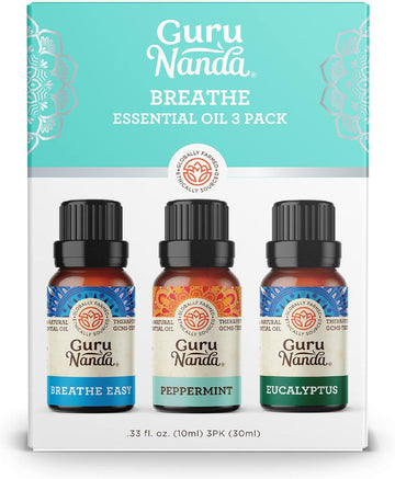 Gurunanda Breathe Essential Oil Set (Pack Of 3 X 0.34 Fl Oz) - 100% Pure, Natural & Undiluted Diffuser Oils For Aromatherapy - Helps Support Clear Breathing - Suitable For Massages & Diy Recipes