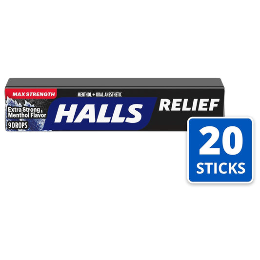 HALLS Relief Max Strength Extra Strong Menthol Throat Drops, 20 Packs of 9 Drops (180 Total)