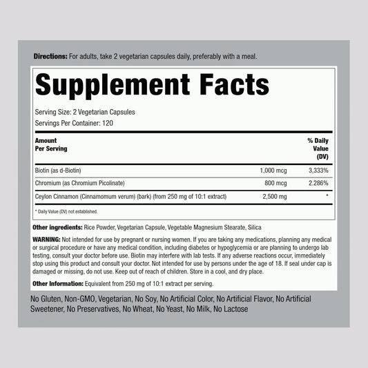 Piping Rock Ceylon Cinnamon Complex | 2500mg | 240 Capsules | Plus Biotin and Chromium | Vegetarian, Non-GMO, Gluten Free Supplement