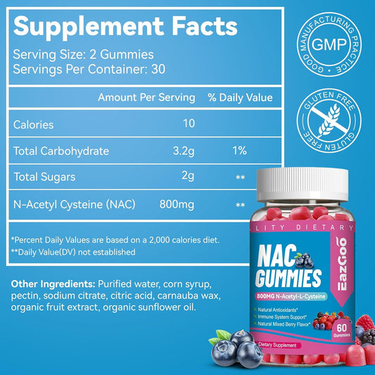 Nac Gummies 800Mg, N-Acetyl Cysteine Supplement, Nac Supplement For Immune System & Antioxidant, Non-Gmo, Gluten Free, Vegan - 60 Counts