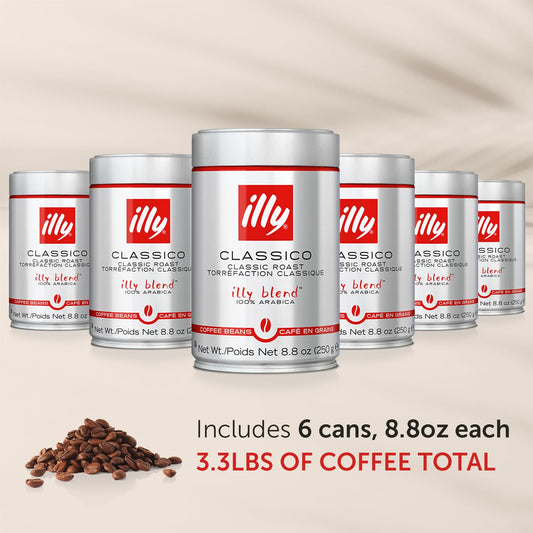 illy Whole Bean Coffee - Perfectly Roasted Whole Coffee Beans – Classico Medium Roast - with Notes of Caramel, Orange Blossom & Jasmine - 100% Arabica Coffee - No Preservatives – 8.8 Ounce, 6 Pack