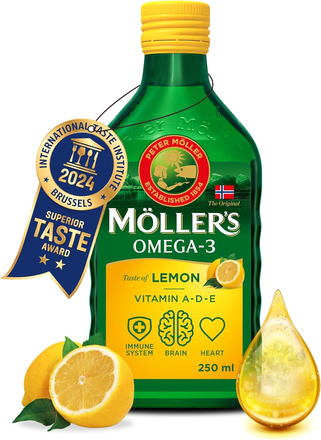 Moller’s ® | Omega 3 Cod Liver Oil | Omega-3 Dietary Supplements with EPA, DHA, Vitamin A, D and E | Superior Taste Award | Pure & Natural cod Liver Oil | Lemon | 250 mlMollersLemonPanEU