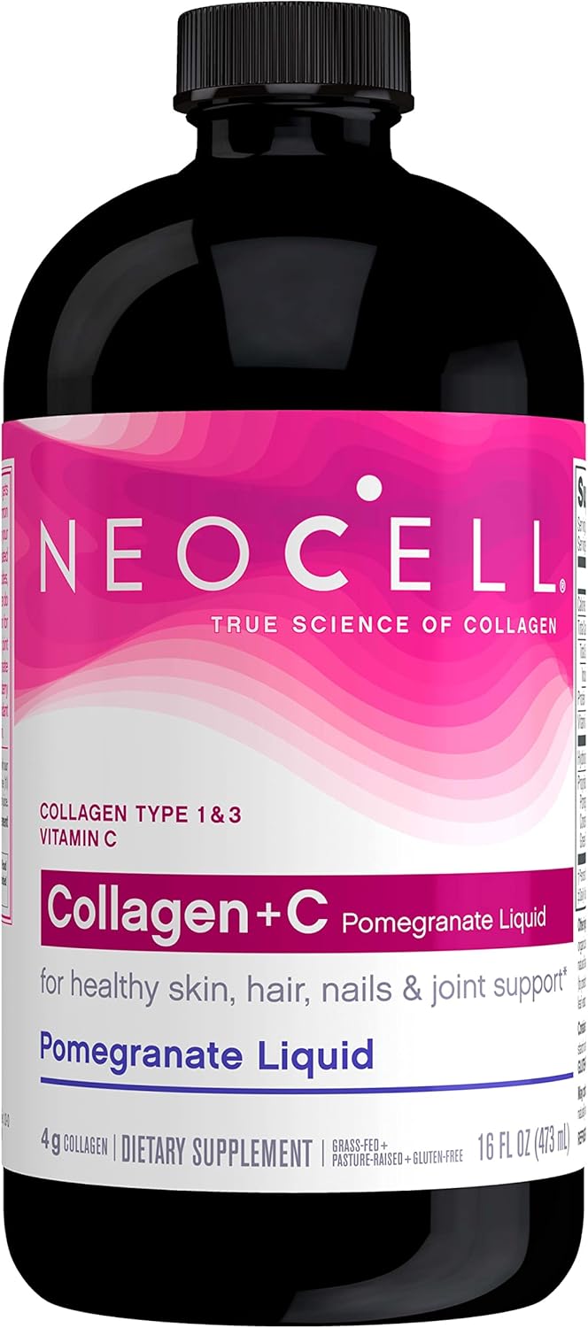 NeoCell Collagen Peptides + Vitamin C Liq, 4g Collagen Per Serving, Gluten Free, Types 1 & 3, Promotes Healthy Skin, Hair, Nails & Joint Support, Pomegranate, 1