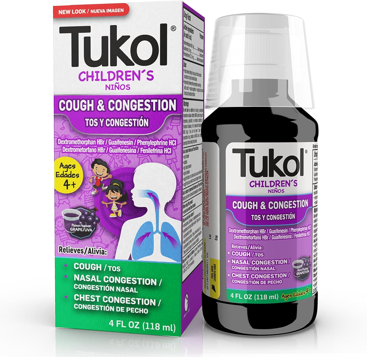 Tukol Children'S Cough Medicine - Cough & Congestion Relief, Chestal Cough Suppressant For Kids, Children'S Cold And Cough Medicine, Kids Cough Syrup For Ages 4+ Grape Flavor 4 Fl Oz