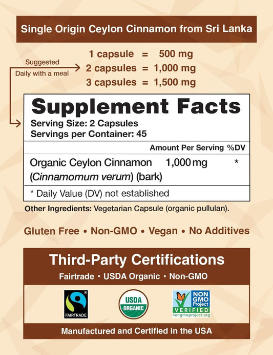Organic Ceylon Cinnamon (100% Certified) Supplement, 90 Capsules