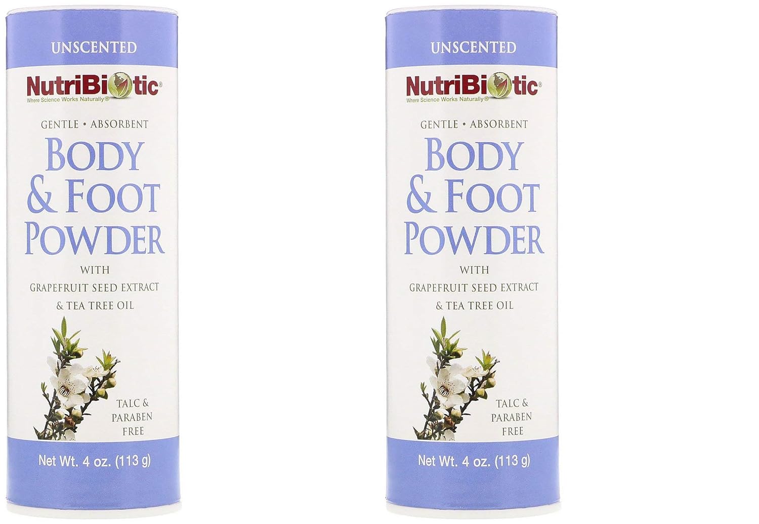 NutriBiotic Body & Foot Unscented Powder (Pack of 2) with Tea Tree Leaf Oil, Corn Starch, Sodium Bicarbonate and Grapefruit Seed Extract,