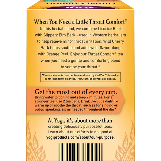 Yogi Tea - Throat Comfort (6 Pack) - Soothes The Throat With Wild Cherry Bark, Licorice Root, Mullein, And Ginger - Caffeine Free - 96 Organic Herbal Tea Bags