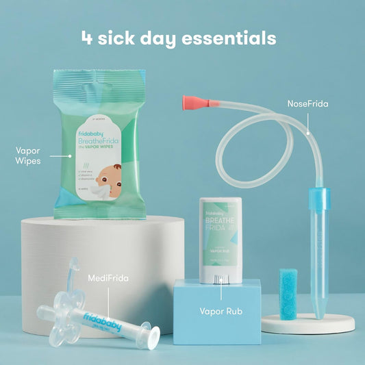 Frida Baby Sick Day Prep Kit | Sick Baby Essentials, Allergy Relief Set Includes Nosefrida Nasal Aspirator, Medifrida Pacifier Medicine Dispenser, Breathefrida Vapor Rub, Snot Wipes