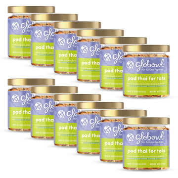 Globowl Stage 3 Baby Food & Toddler Meals, 6+ Months Early Allergen Introduction, Baby Led Weaning, International Whole Food Snacks For Toddlers, Babies, 4 Oz Glass Jar, Pad Thai For Tots, 12-Pack