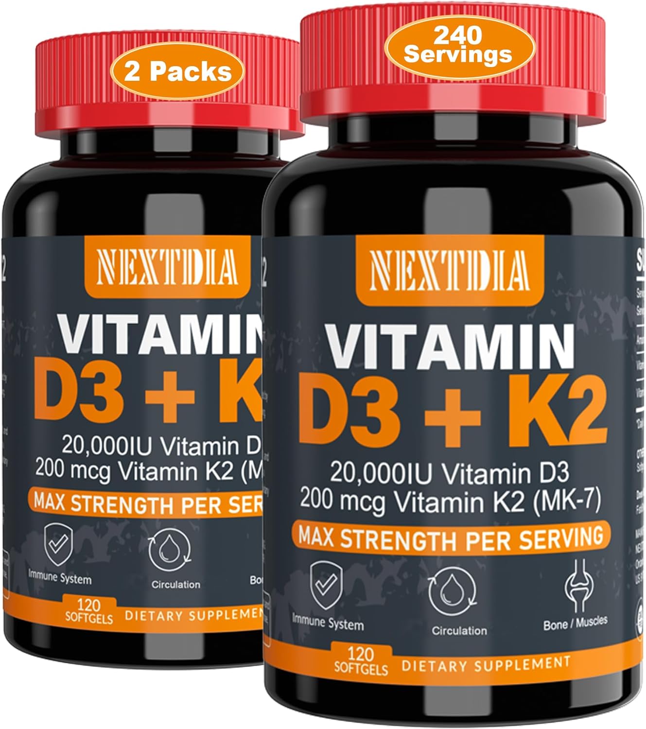 Vitamin D3 20,000 Iu + Vitamin K2( Mk7 )200Mcg - Optimal Vitamin D3 & K2 Softgel - Strong Bones & Muscle, Calcium Absorption & Immune Support, Helping Vitamin D Deficiencies, Easy To Swallow, Non Gmo