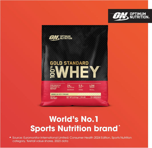 Optimum Nutrition Gold Standard 100% Whey Muscle Building And Recovery Protein Powder With Naturally Occurring Glutamine And Bcaa Amino Acids, Delicious Strawberry Flavour, 151 Servings, 4.53 Kg
