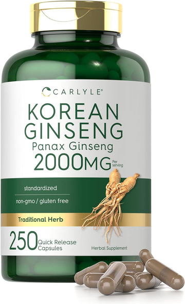 Carlyle Korean Ginseng Extract Capsules 2000 mg | 250 Capsules | Non-GMO and Gluten Free Formula | Standardized Panax Ginseng Supplement