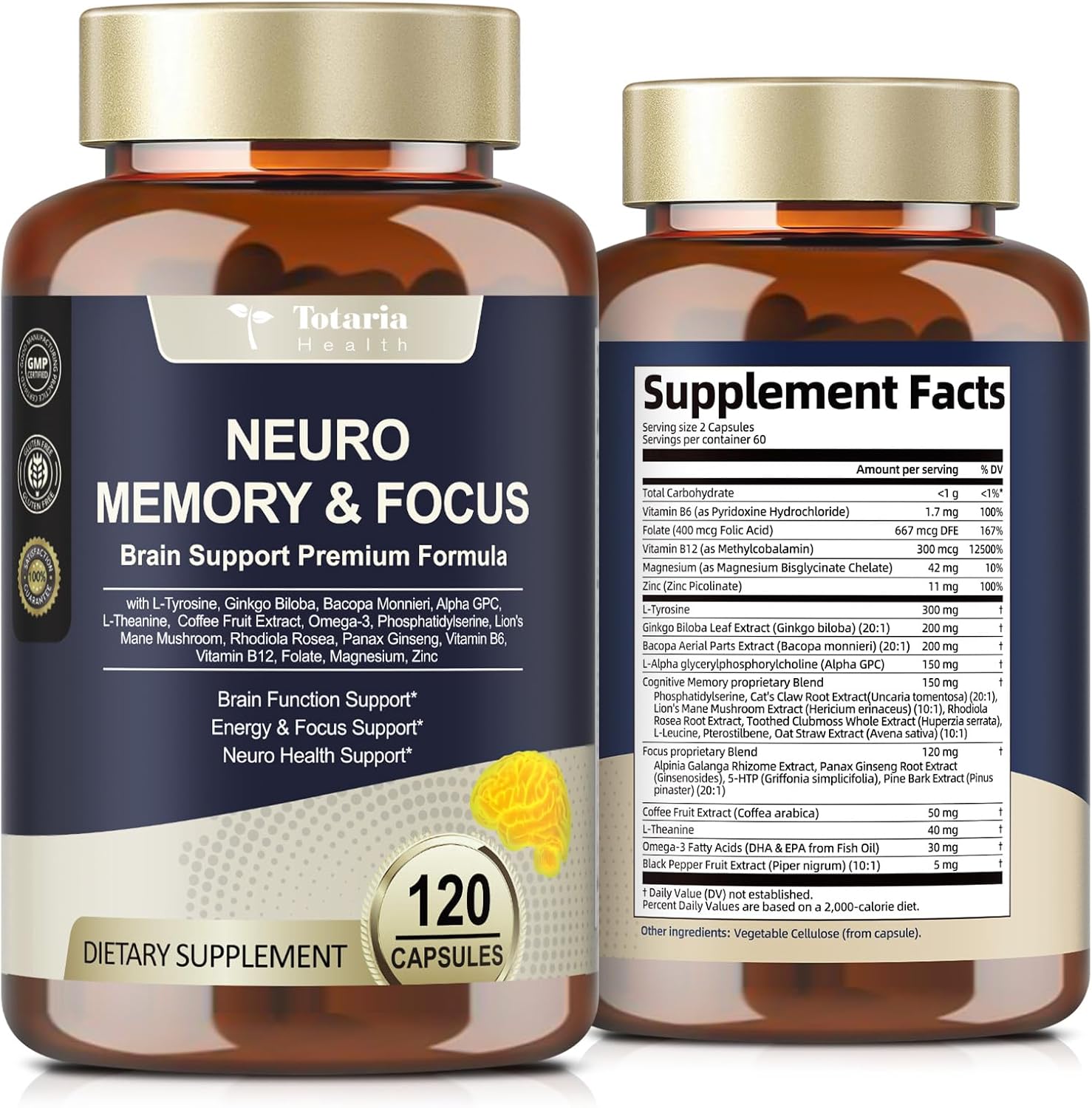 Totara C-Ognitive Brain Supplements For Memory And Focus Men & Woman, L-Tyrosine Ginkgo Biloba, Bacopa Monnieri, Alpha Gpc For Nootropic, Focus Supplement - Non-Gmo, Gluten Free, Vegan