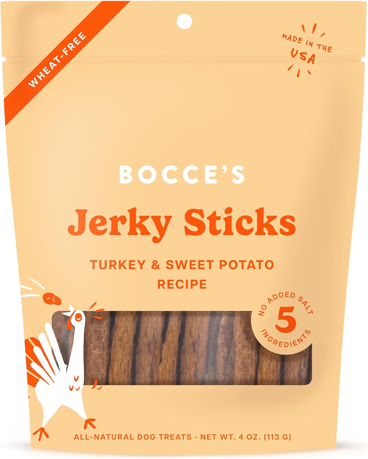 Bocce'S Bakery Jerky Stick Dog Treats, Wheat-Free, Made With Limited-Ingredients, Baked In The Usa With No Added Salt Or Sugar, All-Naural & High-Protein, Turkey & Sweet Potato, 4 Oz