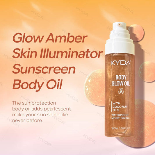 Kyda Body Glow Oil, Spf 45 Broad Spectrum, Sunscreen Body Oil With Rose Gold Mica, Moisturizing Coconuts Summer Sunscreen, Water Resistant Glow Skin Moisturizer, 3.38 Fl Oz, Rose