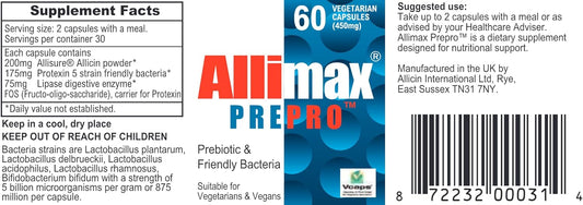 Allimax Pre Pro - 60 Caps. Stabilized Allicin Plus Prebiotics, Probiotics And Digestive Enzymes