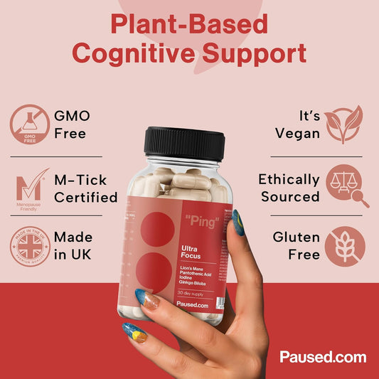 Paused Ultra Focus, Mind & Memory Supplement - 60 Capsules | 1 Month Supply Cognitive Enhancer With Lion'S Mane & Iodine | Boosts Energy, Improves Mood & Mental Performance | Vegan & Gluten-Free | Uk