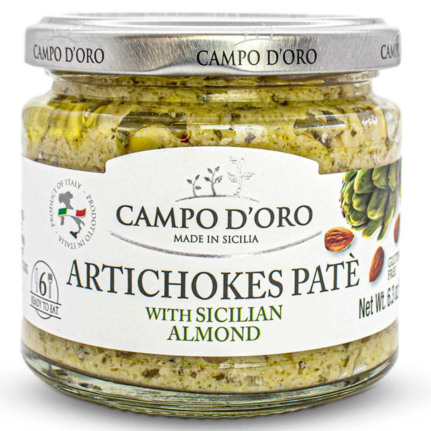 Creamy Artichoke And Almond Dip, 6.35 Oz, 180 G. Non Gmo, Artichoke Spread Sauce, Made With Sicilian Almonds Product Of Italy, By Campo D'Oro