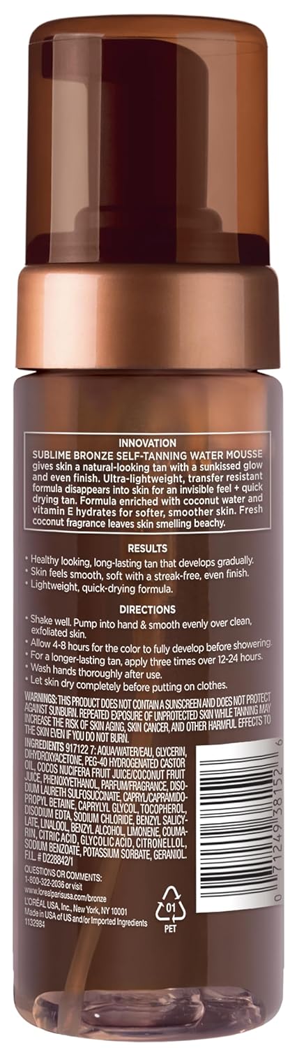 L'Oreal Paris Sublime Bronze Self Tanning Water Mousse, Mousse, Natural, Medium Deep, 5 Fl. Oz