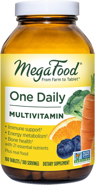 MegaFood One Daily Multivitamin - Multivitamin for Women and Men - with Real Food - Immune Support Supplement -Vitamin C & Vitamin B - Bone Health - Energy Metabolism - Vegetarian, Non-GMO - 180 Tabs