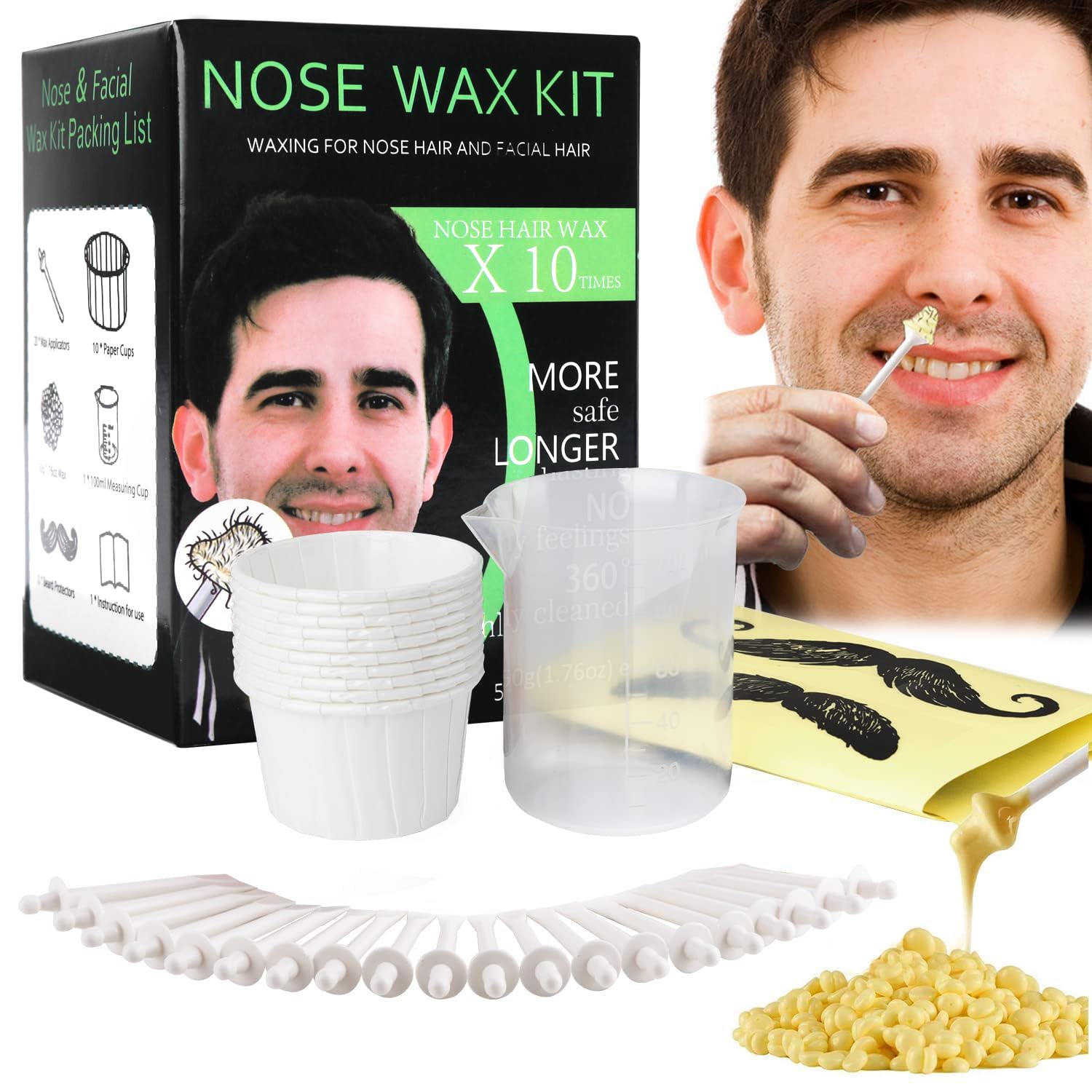 Nose And Ear Hair Waxing Kit - Hair Removal Set For Men And Women With 50G Wax Beads, 20 Applicators (10 Times), 10 Paper Cups, And 10 Mustache Guards