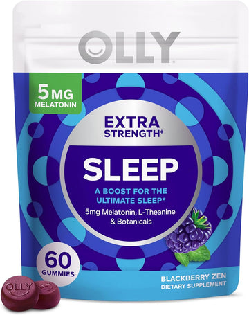 OLLY Extra Strength Sleep Gummy, Occasional Sleep Support, 5 mg Melatonin, L-Theanine, Chamomile, Lemon Balm, Sleep Aid, Blackberry - 60 Count