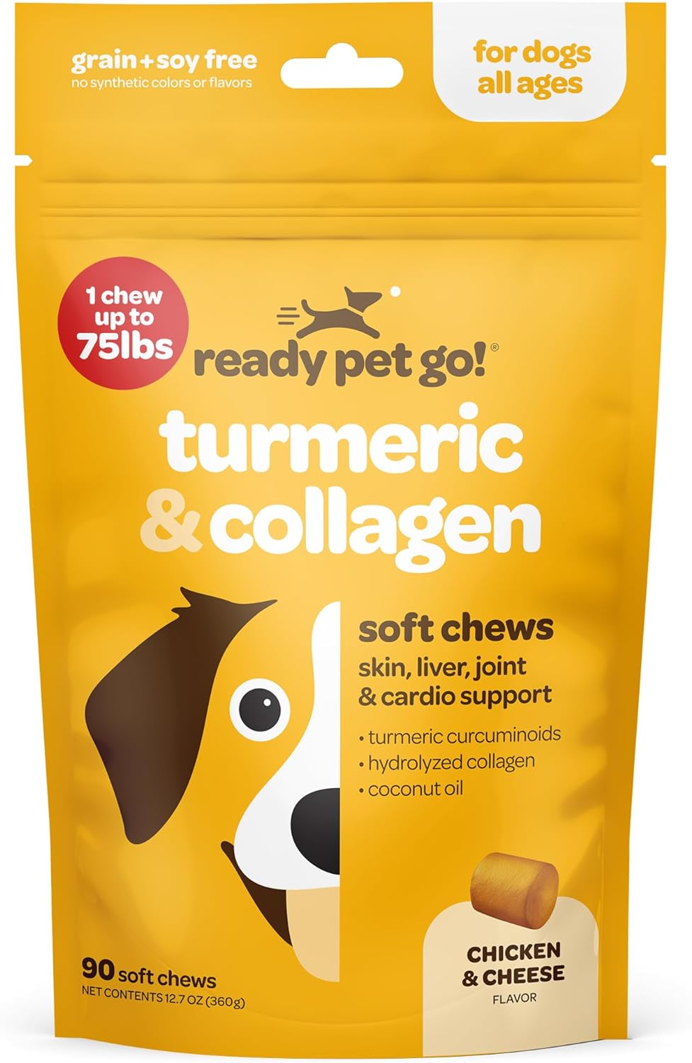 Turmeric Collagen Chews for Mobility, Joint Comfort, Skin, Liver & Joint Support Supplement - Hip and Joint Supplement for Dogs - Turmeric for Dogs, Grain & Soy Free Pets Treats - 90 Healthy Pet Chews