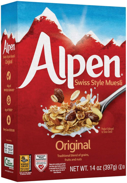 Alpen Original Muesli, Swiss Style Muesli Cereal, Whole Grain, Non-GMO Project Verified, Heart Healthy, Kosher, Vegan, 14 Oz Box