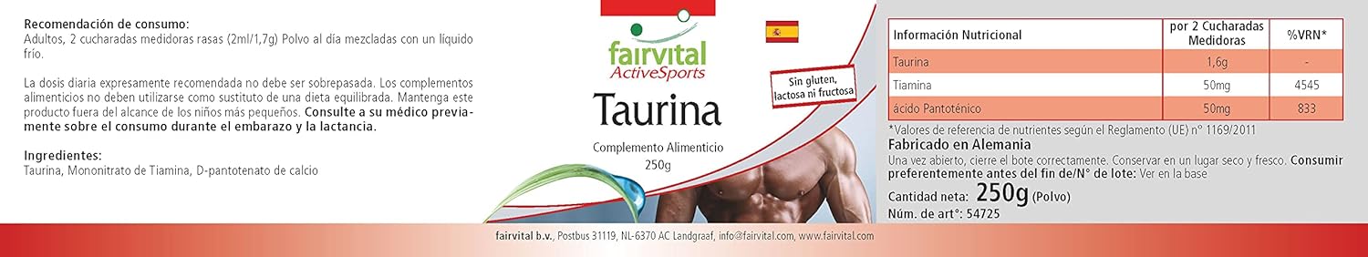 Fairvital | Taurine 250 g powder - Extra high dosage - with thiamine and pantothenic acid - Pure, without additives - 100% vegan - for 4.5 months - Quality tested - Made in Germany : Amazon.co.uk: Health & Personal Care