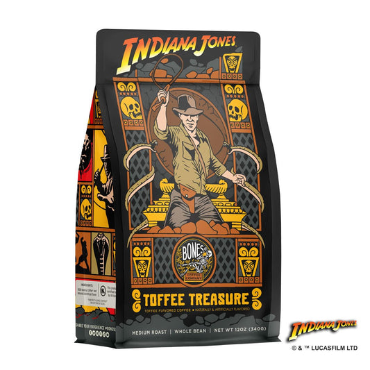 Bones Coffee Company Toffee Treasure Ground Coffee Beans Toffee Flavor | 12 oz Flavored Coffee Gifts Low Acid Medium Roast Gourmet Coffee Inspired by Disney's Indiana Jones (Ground)