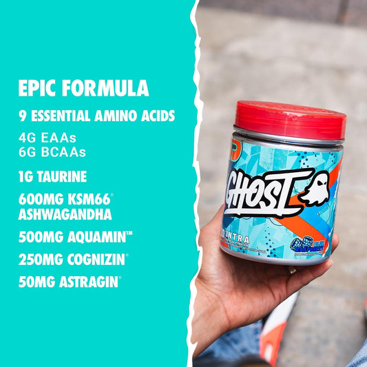 Ghost Intra Workout Powder, Blue Raspberry - Bcaas, & Eaas, Nootropics & Hydration - Essential & Branch Chain Amino Acids, Supports Muscle Recovery & Focus - Pre, Intra & Post Workout Powders