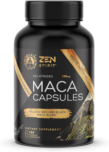 Maca Root Capsules Gelatinized - Yellow, Red & Black Powder Blend - Organic & Vegan Certified - 180 Pills 500Mg - Supplement For Men And Women