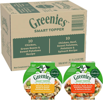 Greenies Smart Topper High Protein Wet Mix-In For Dogs, Chicken, Green Beans, And Sweet Potatoes Recipe & Chicken, Beef, Sweet Potato & Spinach Recipe Variety Pack, 20 Trays Of 2Oz