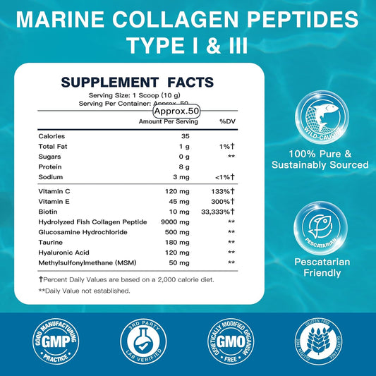 Marine Collagen Peptides Powder With Msm + Gc, Multi Type I & Iii Collagen With Hyaluronic Acid, Vitamin C & E For Skin, Hair & Nails, Wild-Caught Fish, 50 Servings
