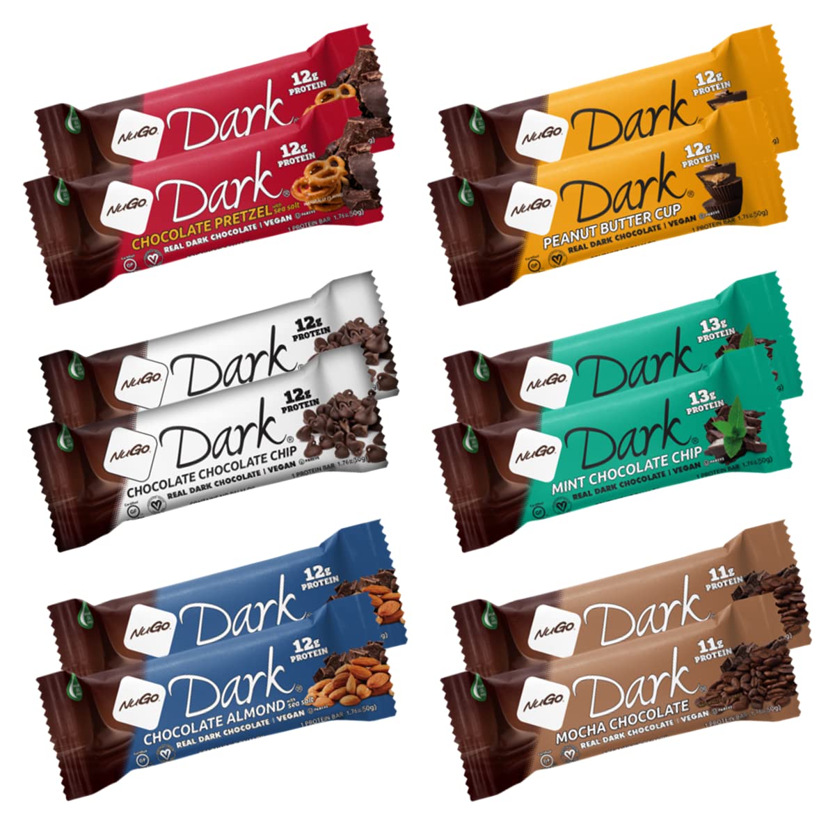 Nugo Dark Variety Box - Pretzel, Chocolate Chip, Mint Chocolate Chip, Mocha, Peanut Butter Cup And Almond, 11-12G Protein, Vegan, Gluten Free, Kosher Pareve, 12 Count Variety