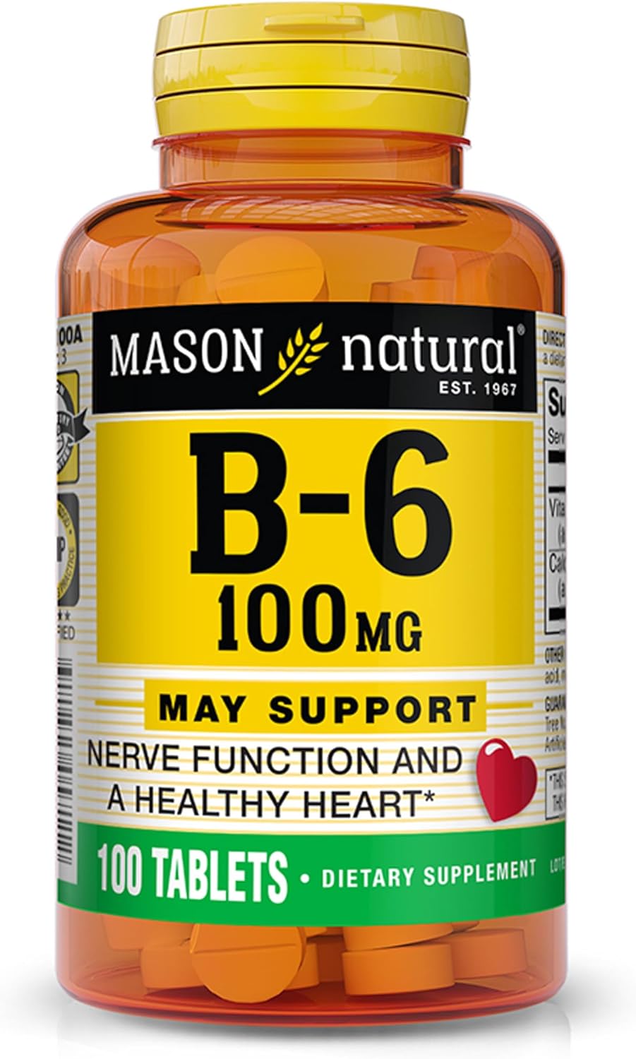 Mason Natural Vitamin B6 100 Mg With Calcium - Healthy Heart, Supports Muscle And Nerve Function, Improved Energy Metabolism, 100 Tablets