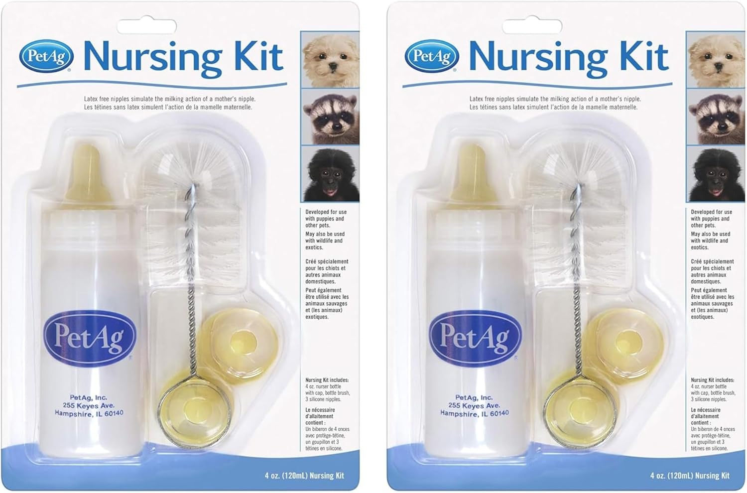 Pet-Ag Nursing Kit - 4 Oz, Pack Of 2 - Promotes The Natural Feeding Of Liquids To Baby Animals - Each Kit Includes 4 Oz. Bottle With Cap, 3 Nipples & Cleaning Brush