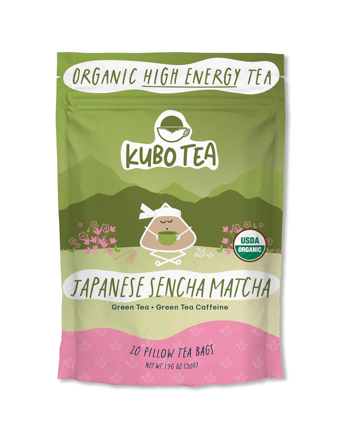 Organic High Caffeine Tea, Japanese Sencha Matcha Tea, Kubo Tea, 20 Servings (140Mg Caffeine Each), Pillow Tea Bags, Compostable Packaging, Healthy Coffee Substitute