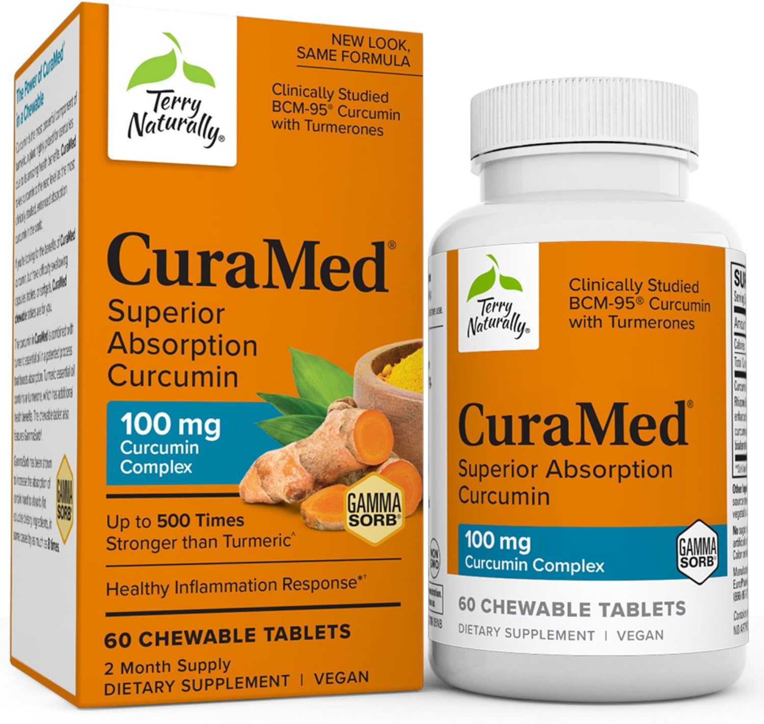 Terry Naturally CuraMed 100mg Curcumin Complex - 60 Chewable Tablets - with Turmeric Essential Oil - Supports Liver, Brain & Immune Health - Non-GMO, Vegan - 60 Servings