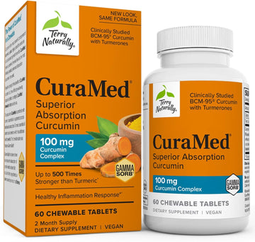 Terry Naturally CuraMed 100mg Curcumin Complex - 60 Chewable Tablets - with Turmeric Essential Oil - Supports Liver, Brain & Immune Health - Non-GMO, Vegan - 60 Servings