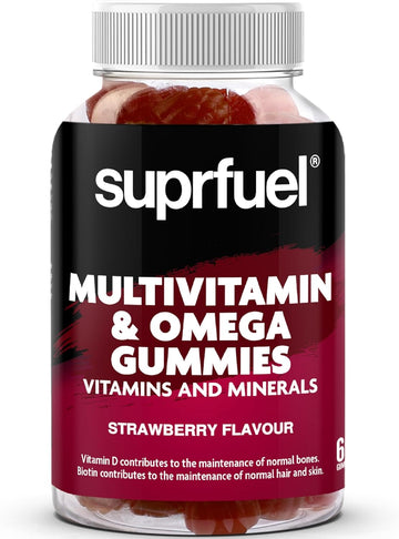 Suprfuel Multivitamin & Omega Gummies-60 Strawberry Flavour Multivitamin And Biotin Gummies-Vegan, Daily Supplement With Omega3, Vitamins A, C, D, E & Biotin-Supports Immune Health, Bones, Hair & Skin