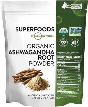 Mrm Nutrition Organic Ashwagandha Root Powder | Superfoods | Ancient Adaptogen | Antioxidants | Vegan + Gluten-Free | 113 Servings