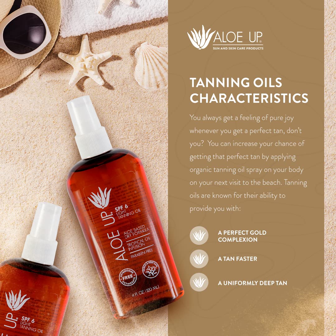 Aloe Up Light Tanning Oil With SPF 6 Sunscreen - Body and Face Tanning Oil for Outdoor Sun - With Pure Aloe Vera Oil and Natural Oils - Absorbs Quickly - Reef Friendly - Fresh Tropical Scent - 4 Oz : Beauty & Personal Care