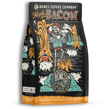 Bones Coffee Company Maple Bacon Flavored Ground Coffee Beans | 12 oz Medium Roast Arabica Low Acid Coffee | Gourmet Coffee (Ground)