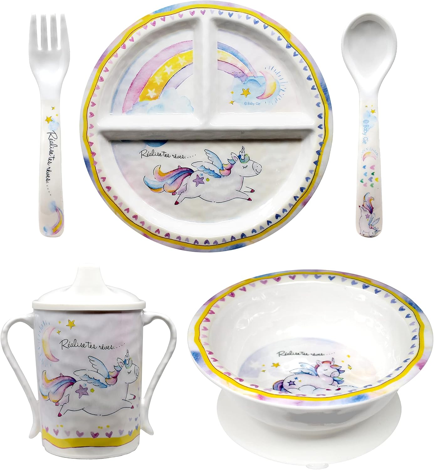 Kids And Baby Melamine Place Setting Sippy Cup, Suctions Bowl, Section Plate And Fork Spoon Set (Wish On A Star)