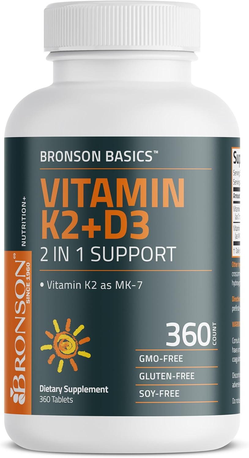 Bronson Basics Vitamin K2 D3 (MK7) Supplement Non-GMO Formula 5000IU (125 mcg) Vitamin D3 & 90 mcg Vitamin K2 MK-7 Easy to Swallow Vitamin D & K Complex, 360 Tablets : Health & Household