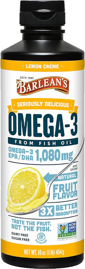 Barlean's Lemon Crème Omega 3 Fish Oil Liquid Supplement, 1080mg of Omega 3 EPA & DHA Fatty Acid, Smoothie Flavored & Burpless for Brain, Joint, & Heart Health, 16 oz