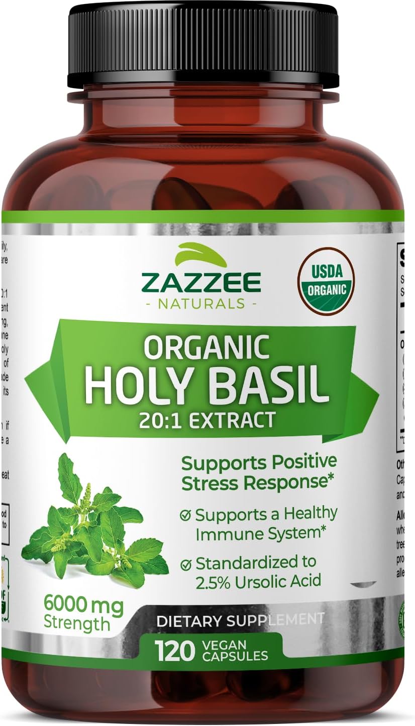 Zazzee Usda Organic Holy Basil 20:1 Extract, 6000 Mg Strength, 2.5% Ursolic Acid, 120 Vegan Capsules, 4 Month Supply, Concentrated And Standardized 20X Tulsi Extract, 100% Certified Organic, Non-Gmo