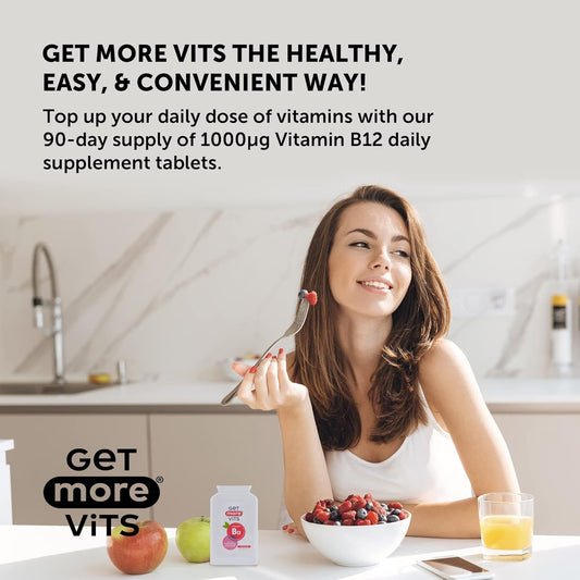 Get More Vits - Vitamin B12 (90 Tablets), 90 1000µg Daily Servings, Tackles Tiredness & Fatigue, Promotes Stronger Immune System, Boosts Normal Cell Growth, Vegetarian, Vegan, Food Supplement