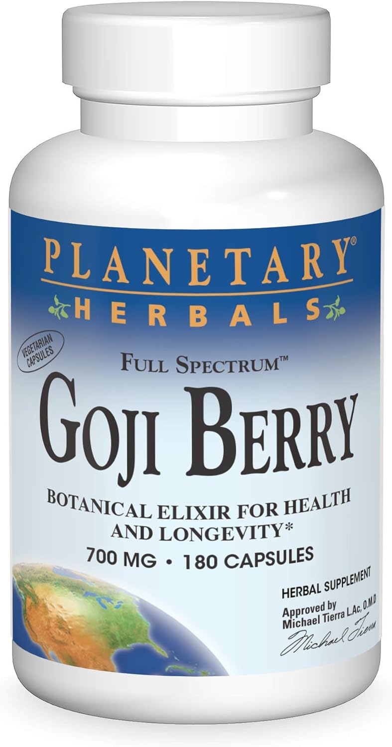 Planetary Herbals Goji Berry Full Spectrum 700mg, Botanical Elixir for Health and Longevity,180 Vegetarian Capsules